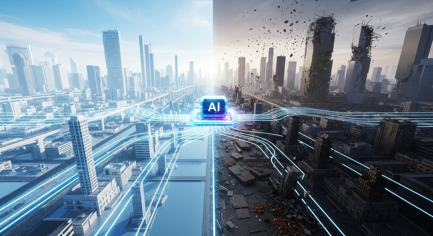 A split image showing AI leading to Utopia on one side and Dystopia on the other.